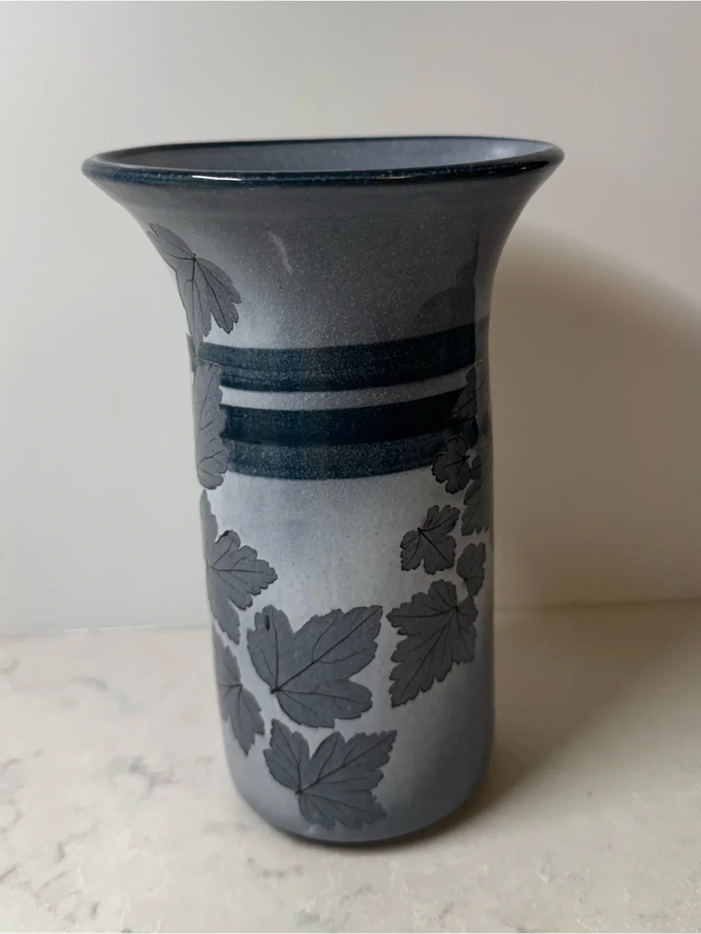 Blue Ceramic Vase with Leaf Motif by Wizard of Clay